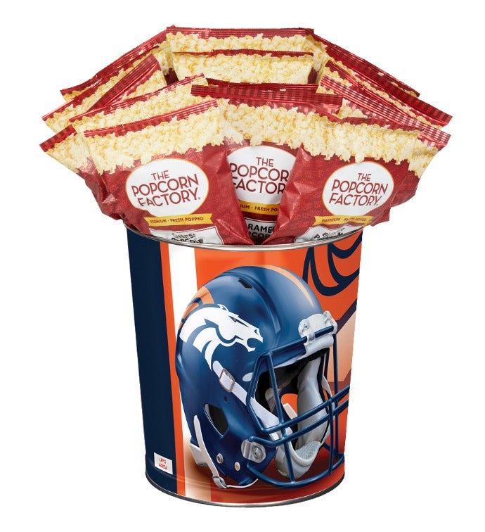 Denver Broncos Popcorn Tin with 15 Bags of Popcorn